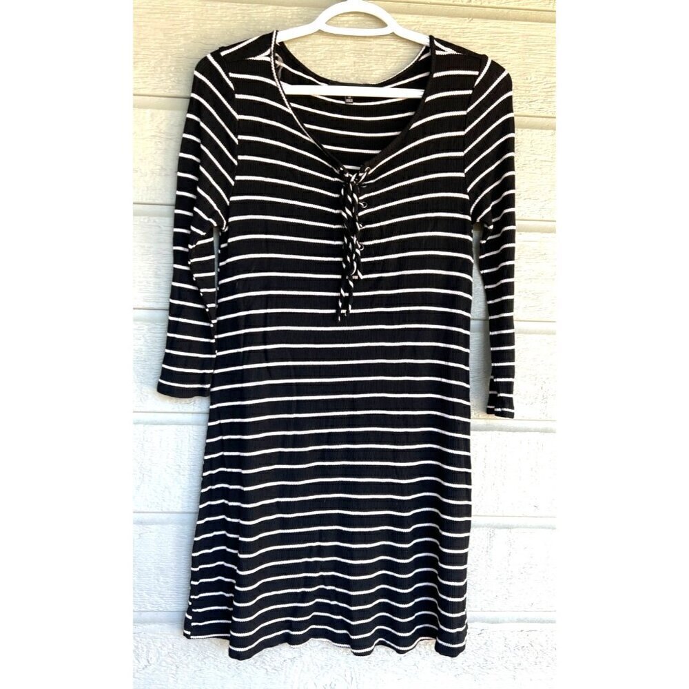Be Cool Womens Ribbed Thermal Mini Dress Size Medium Black White Lace Up